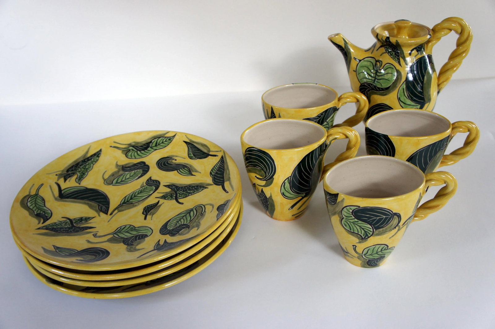 1990s Vintage Handthrown Ceramic Leaf Motif Tea Set - 9 Pieces - 2