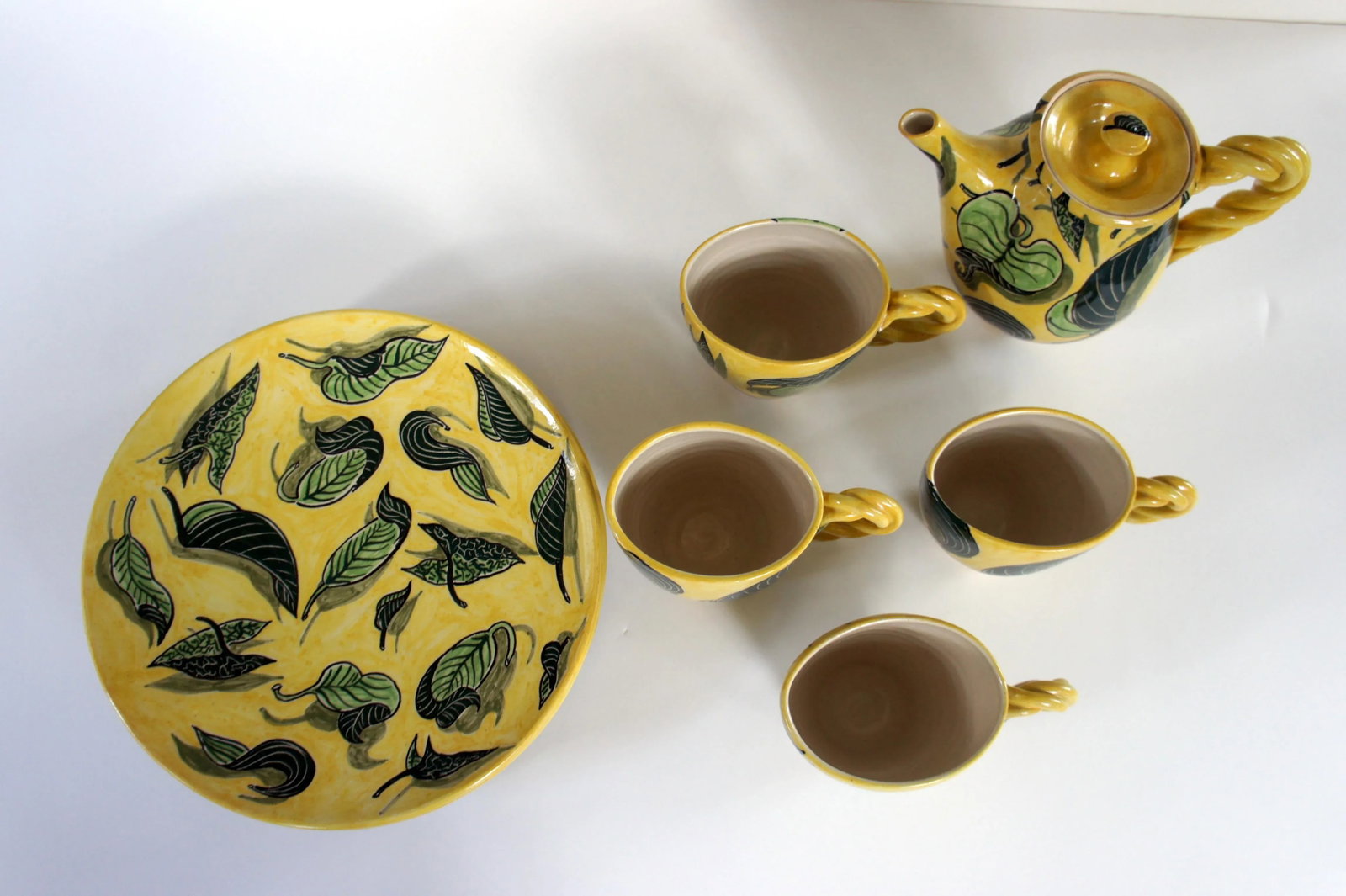 1990s Vintage Handthrown Ceramic Leaf Motif Tea Set - 9 Pieces - 3