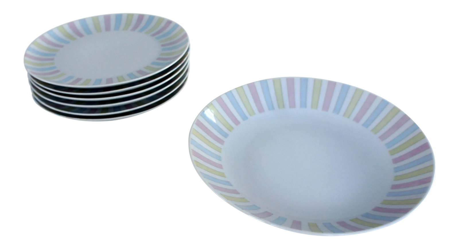 1960s Vintage Eschenbach China - Set of 7: Vintage Eschenbach Germany fine porcelain china set consisting of 6 dessert plates (7.5in diameter and 3/4 in tall) and 1 serving bowl (8 3/8 in diameter and 1.5 in tall). Fun pastel color striped pat