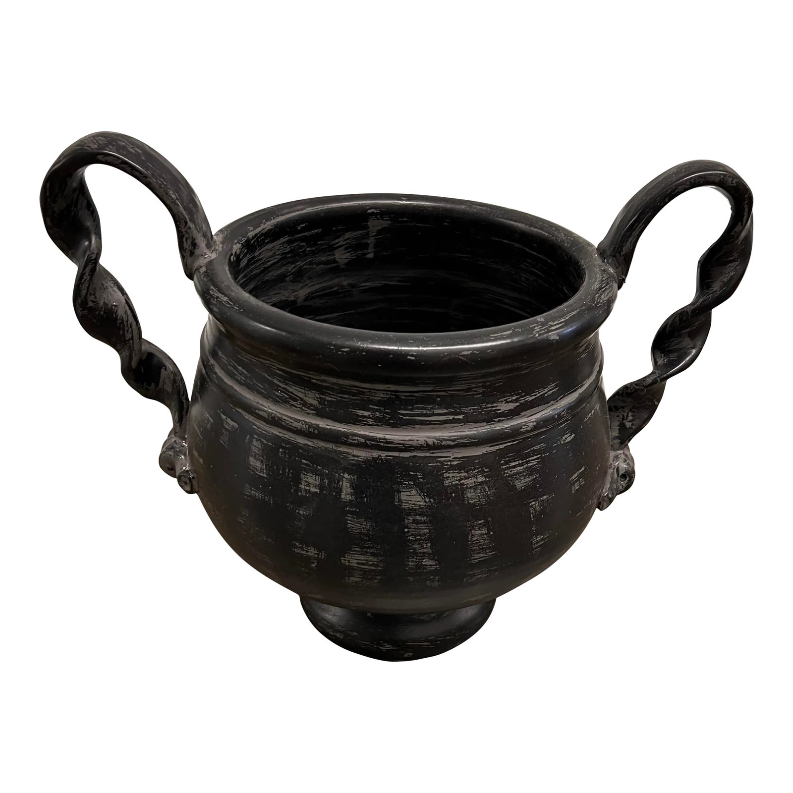 Black Handled Vase: Rustic black finish on this unusual shaped vase/ bowl with handles the diameter without handles is 11" with handles its 19" wide overall. 16" high overall, accents of coffee / taupe glaze over the