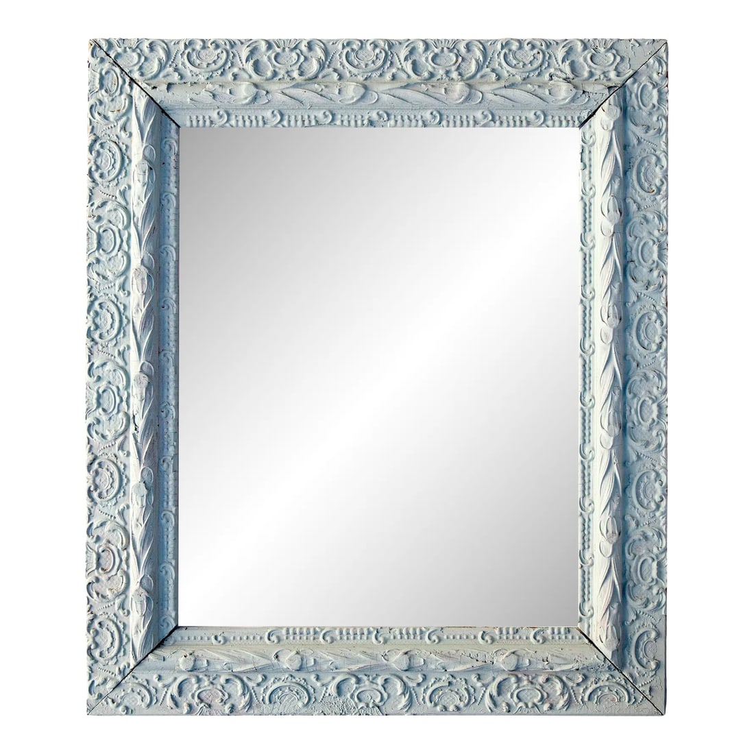 1910s Victorian Gessoed Wood Painted Mirror: Shabby-ish Victorian blue mirror, with some chippy gesso, which is barely noticeable under the paint. Lightweight with a flat profile, making this piece easy to hang just about anywhere. New mirror &