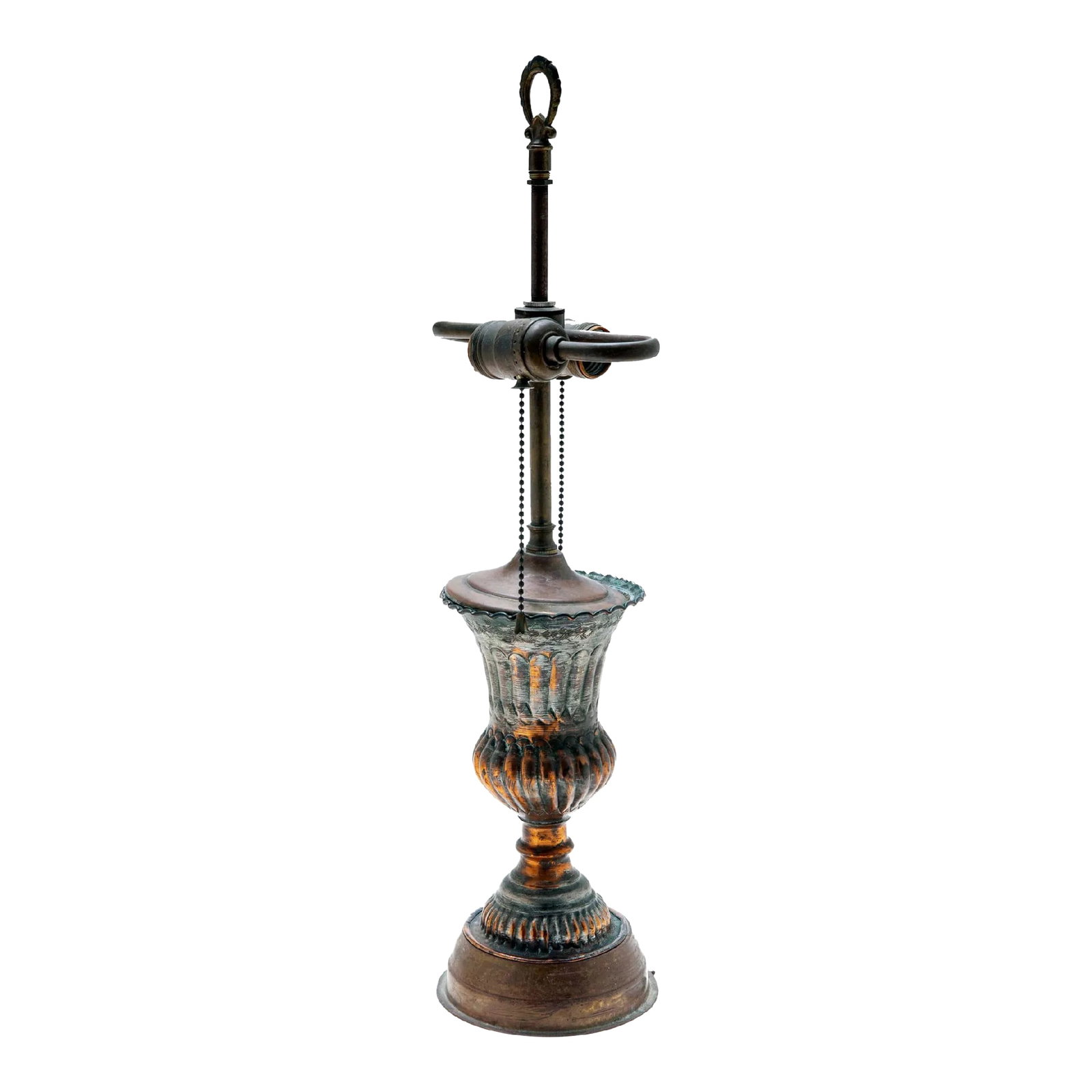Early 20th Century Mideastern Copper & Tin Etched Trophy Lamp: One of a kind table lamp made from a Persian copper urn. The light has been restored & rewired using vintage components. Condition: Alterations: Original Design Modified Imperfections: Some Imperfecti