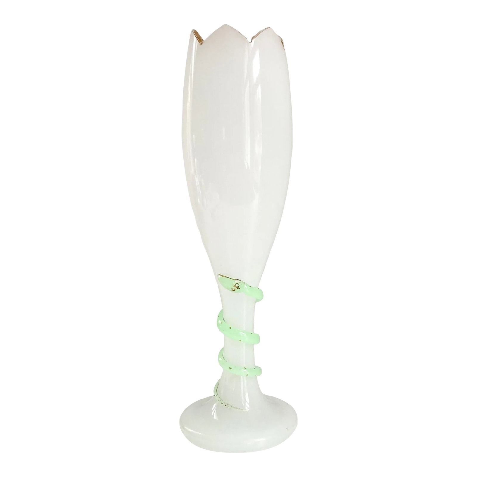 Antique Bohemian Glass Serpent Vase, Late 19th Century Serpentine Adorned Czech Glass Vase: This unique and rare Bohemian opaline white glass goblet vase featuring a jadeite colored glass snake affixed to its neck, is truly a distinctive and show-stopping piece of art glass decor history.