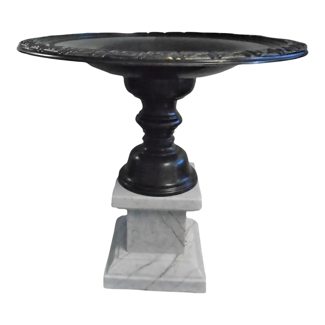 Vintage 1950's Bronze and Marble Ornamental Pedestal Centerpiece: Add a touch of vintage elegance to your home decor with this stunning ornamental pedestal centerpiece. Crafted in the 1950's, this piece features a beautiful marble base and a bronze top that exudes