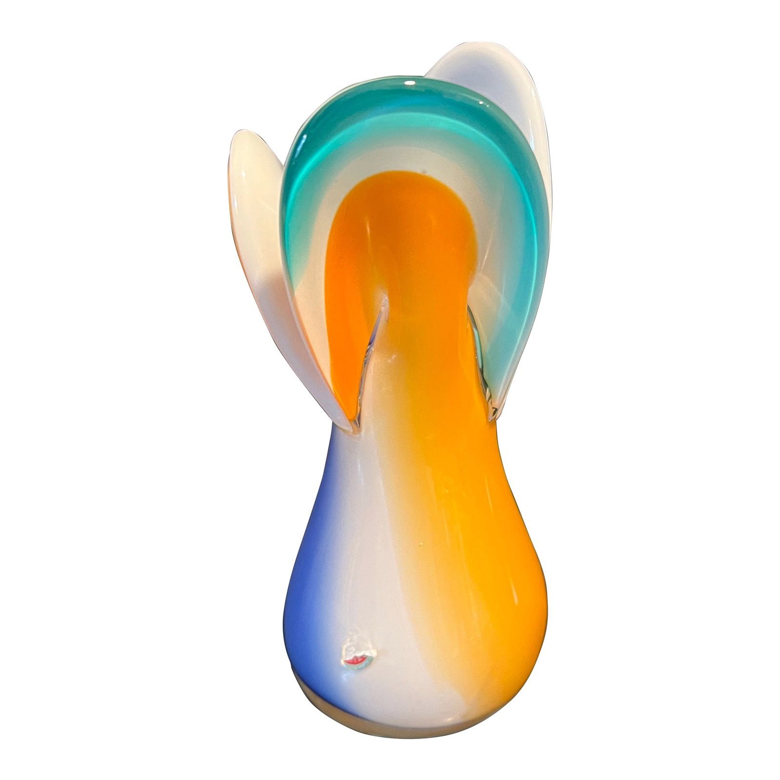 1970s Signed Murano Colorful Flower Vase: Beautiful Freeform flower shaped vase with pretty shades blue and orange and white. Murano. C. 1970's Welcome to Solid Gold Velvet Interiors! We are so happy to have you. We are a small curated shop i