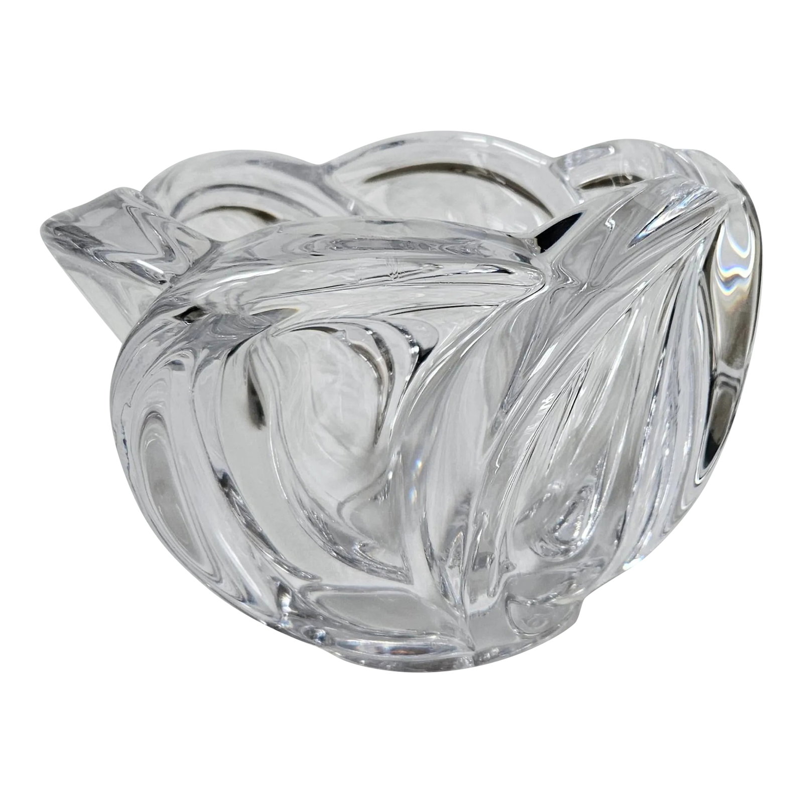 1940s Art Vannes France Crystal Art Glass Centerpiece Bowl: Art Vannes Crystal Art Glass Centerpiece Bowl Thick walls swirl from the base of this heavy art glass bowl. "ART VANNES FRANCE" etched on base. Measures 6" tall with a 8" diameter. There is one chip o