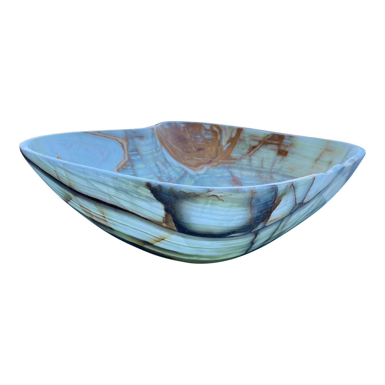 Polished Stone Bowl: Soft polished large stone bowl with a creamy background and ruddy brown and dark brown accents. Handmade in Mexico. Condition: Alterations: Original Condition Unaltered Imperfections: Some