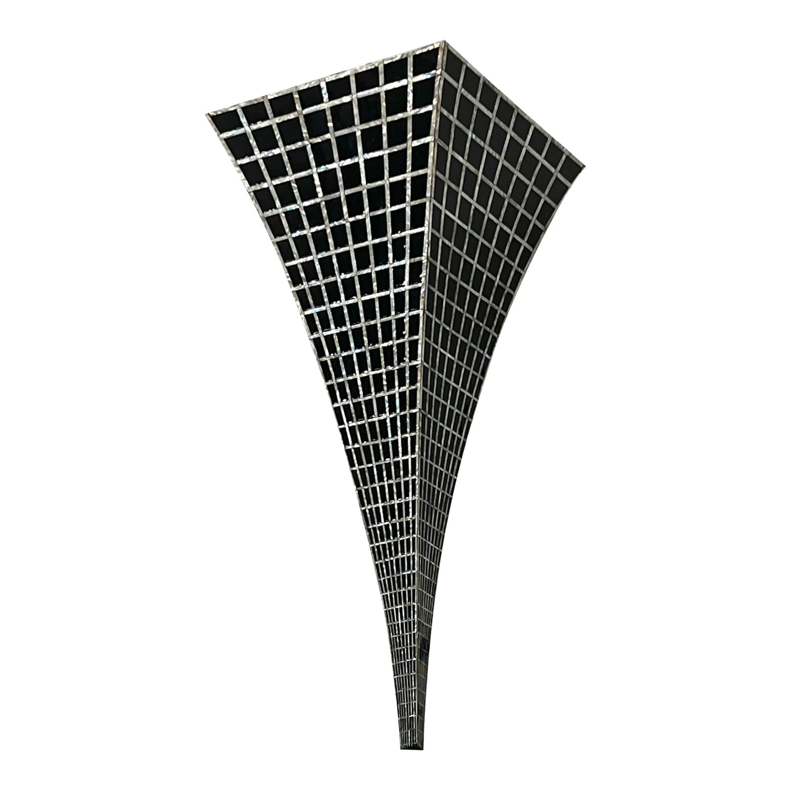 1980s DK Living Modern Geometric Shaped Wall Art / Self: Interesting abstract skyscraper geometric illusion wall art. Modern style black with mother of pearl like lines creating a geometric pattern. The top could be a triangle shelf. Condition: Alterations: