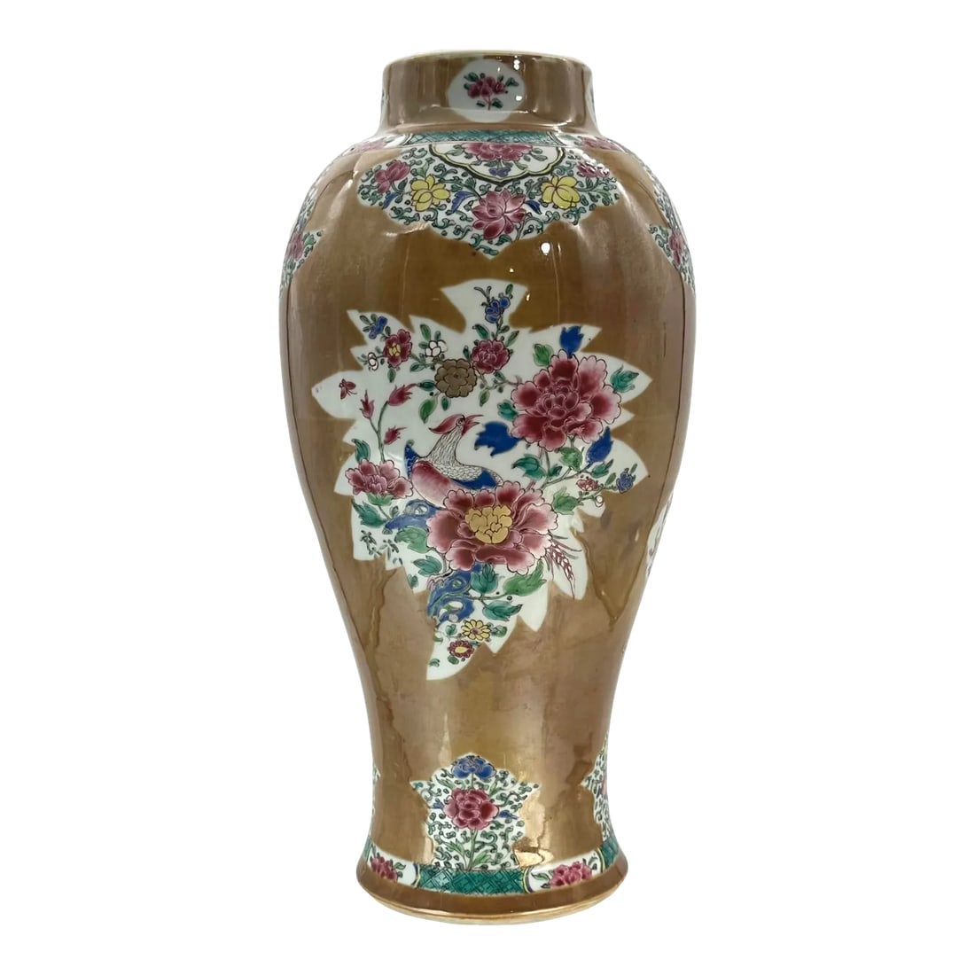 18th Century Chinese Export Cafe-Au-Lait Baluster Jar: Very fine and very large mid 18th century baluster jar, likely a former garniture piece with a lid. The famille rose on a Batavia or cafe au lait ground gained popularity during the Yongzheng period a