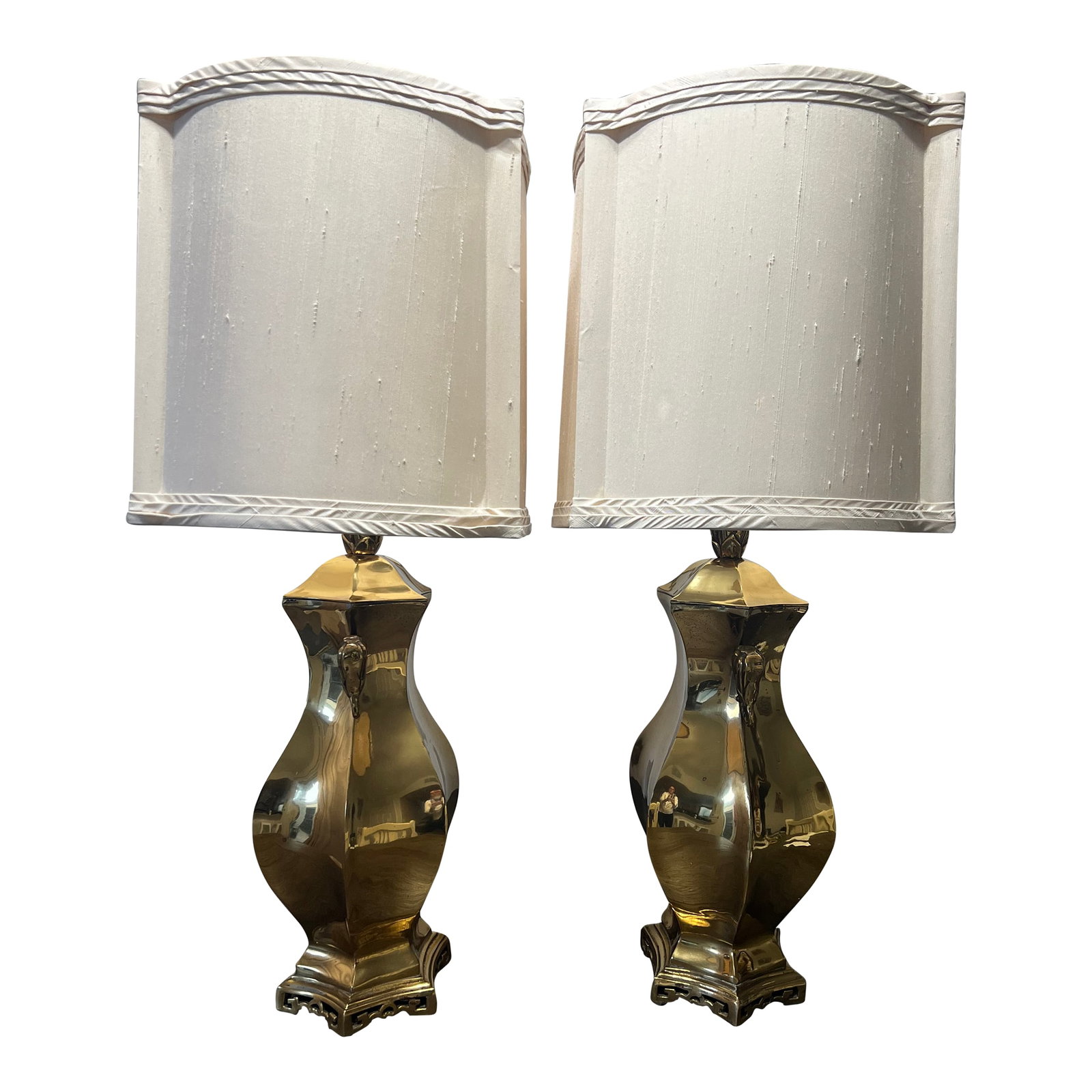 Mid-Century Marbro Brass Lamps - a Pair: These beautiful pair of Marbro lamps were part of my bedroom for over 12 years. The story behind these lamps is incredibly unique. Original shades trimmed in triple fold included. Condition: Alteratio