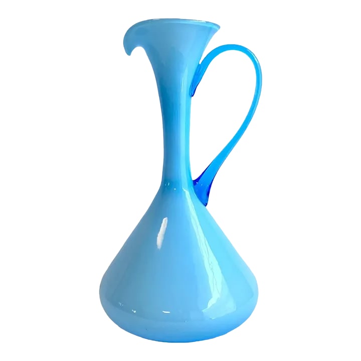 Italian Art Glass Pitcher Sky Blue Cased Glass Turquoise Vessel Attributed to Empoli Italy (1 of 9)