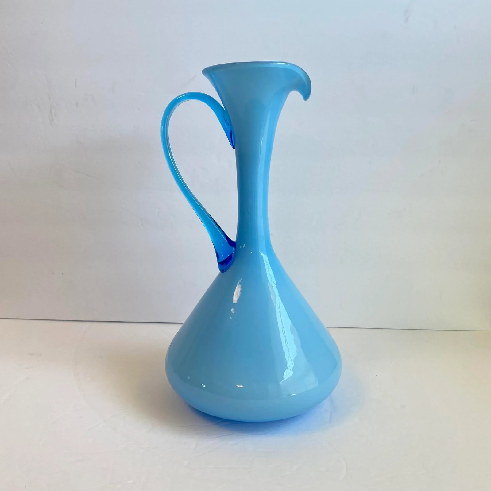 Italian Art Glass Pitcher Sky Blue Cased Glass Turquoise Vessel Attributed to Empoli Italy - 2