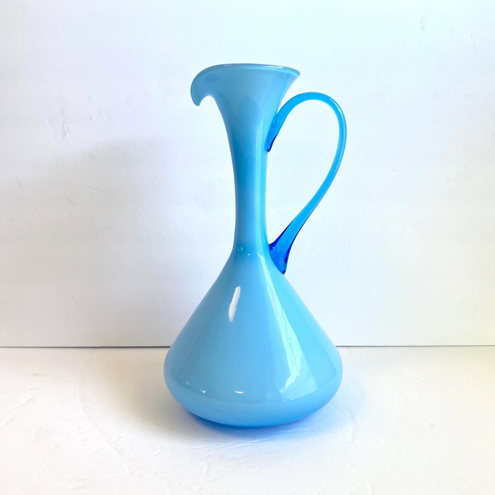 Italian Art Glass Pitcher Sky Blue Cased Glass Turquoise Vessel Attributed to Empoli Italy - 3