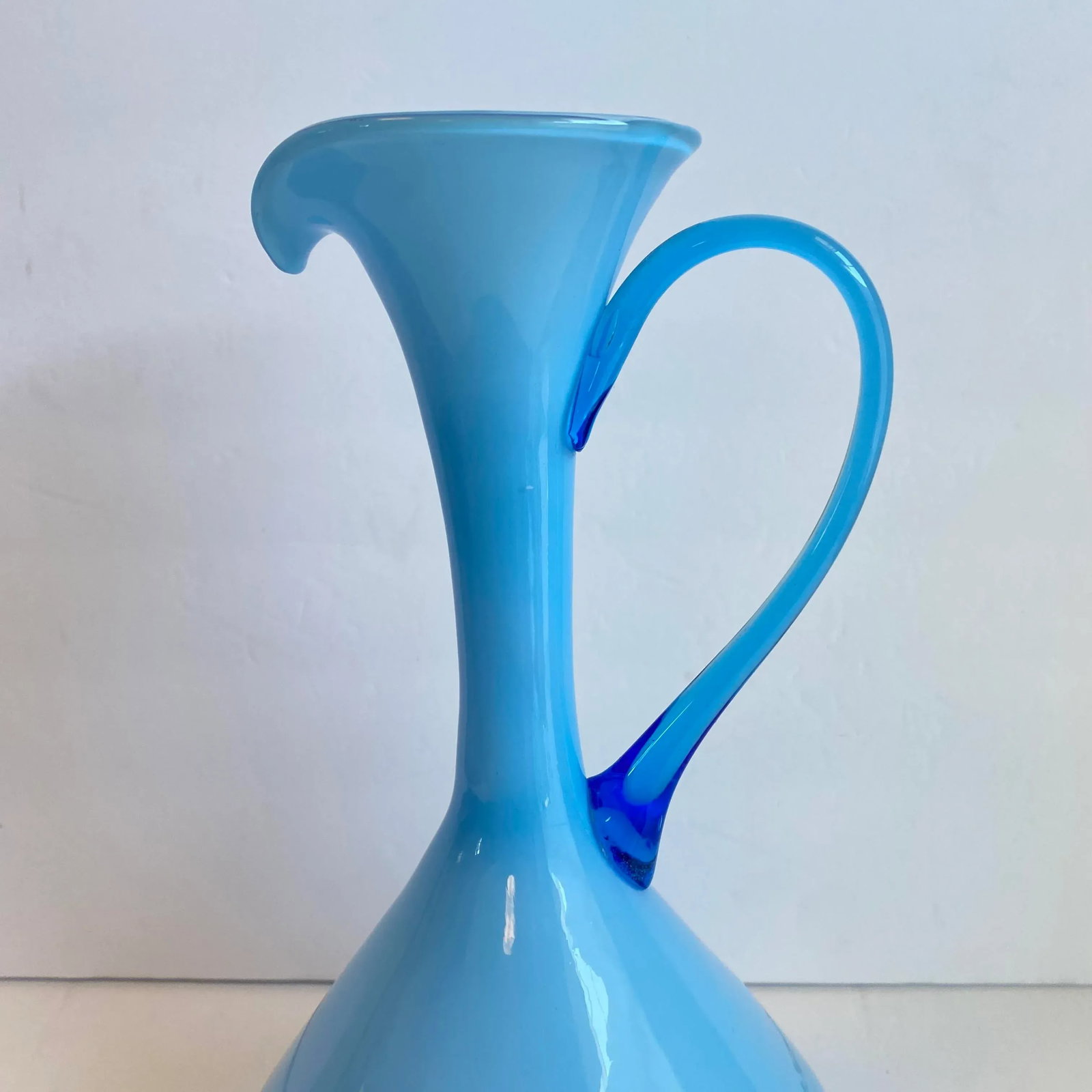 Italian Art Glass Pitcher Sky Blue Cased Glass Turquoise Vessel Attributed to Empoli Italy - 5