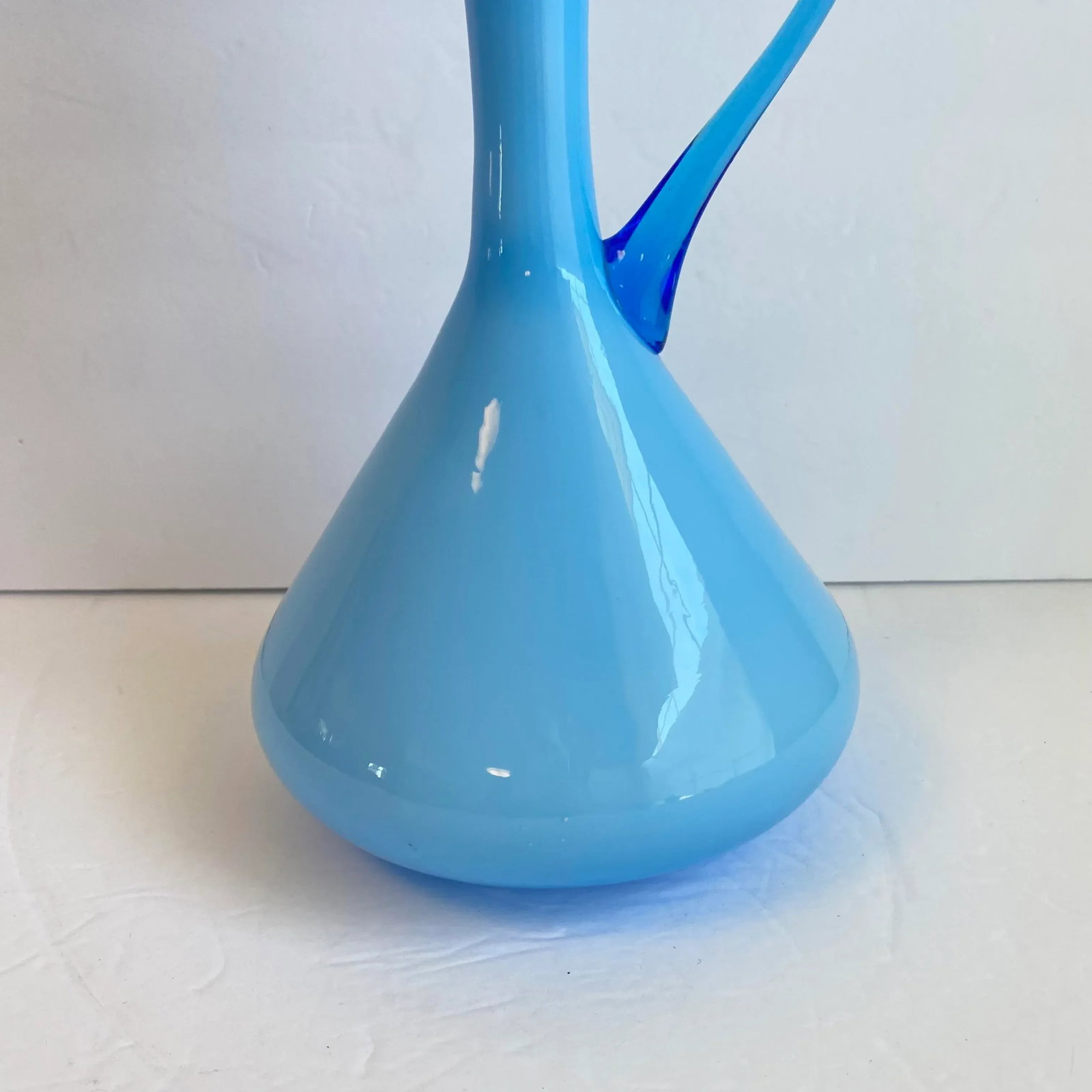 Italian Art Glass Pitcher Sky Blue Cased Glass Turquoise Vessel Attributed to Empoli Italy - 6