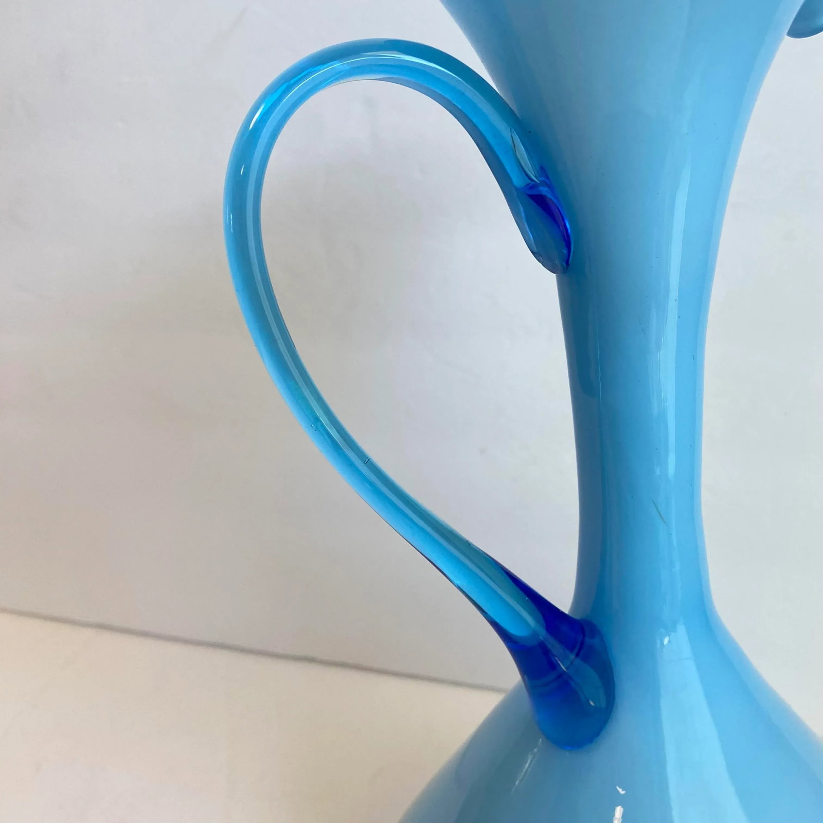 Italian Art Glass Pitcher Sky Blue Cased Glass Turquoise Vessel Attributed to Empoli Italy - 7