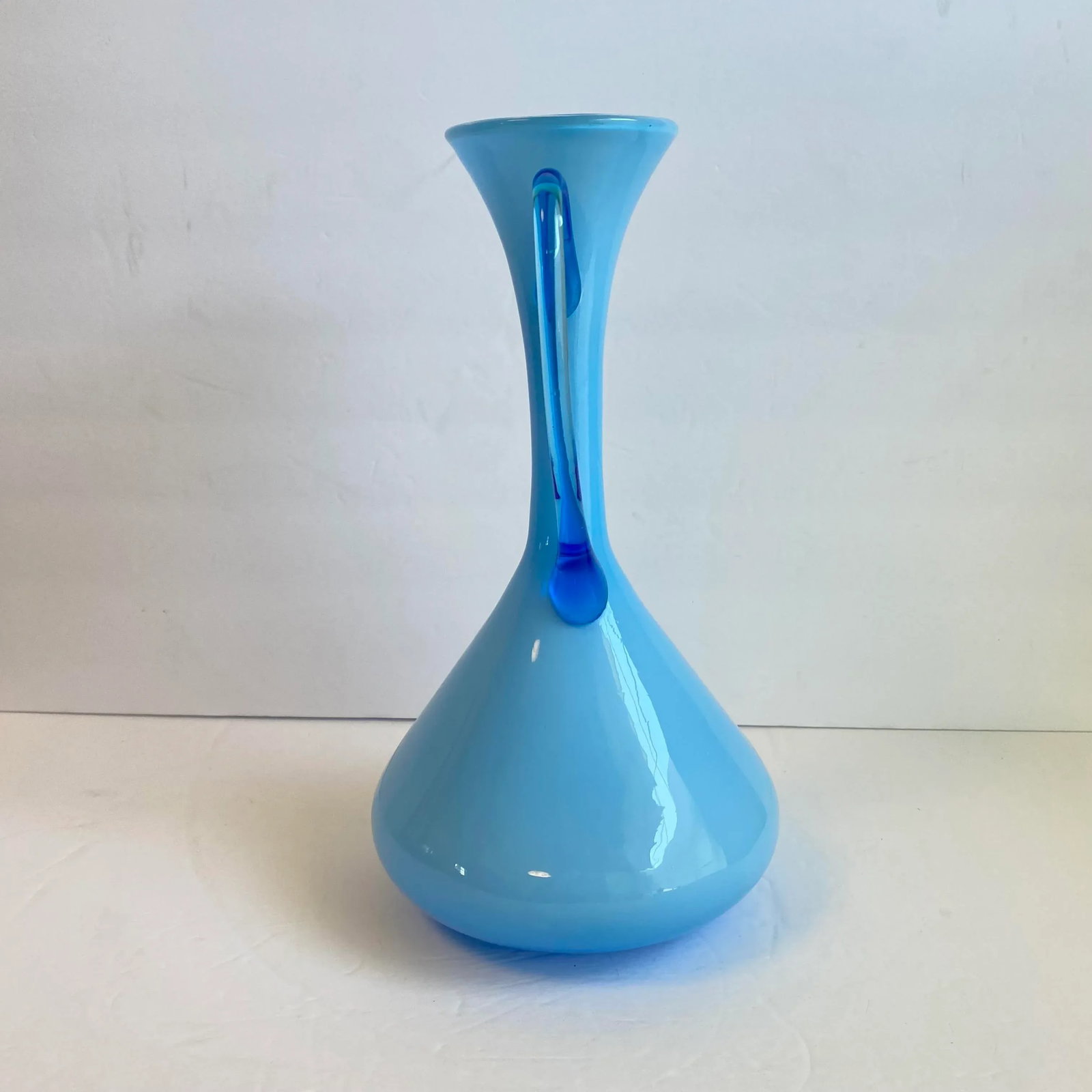 Italian Art Glass Pitcher Sky Blue Cased Glass Turquoise Vessel Attributed to Empoli Italy - 8