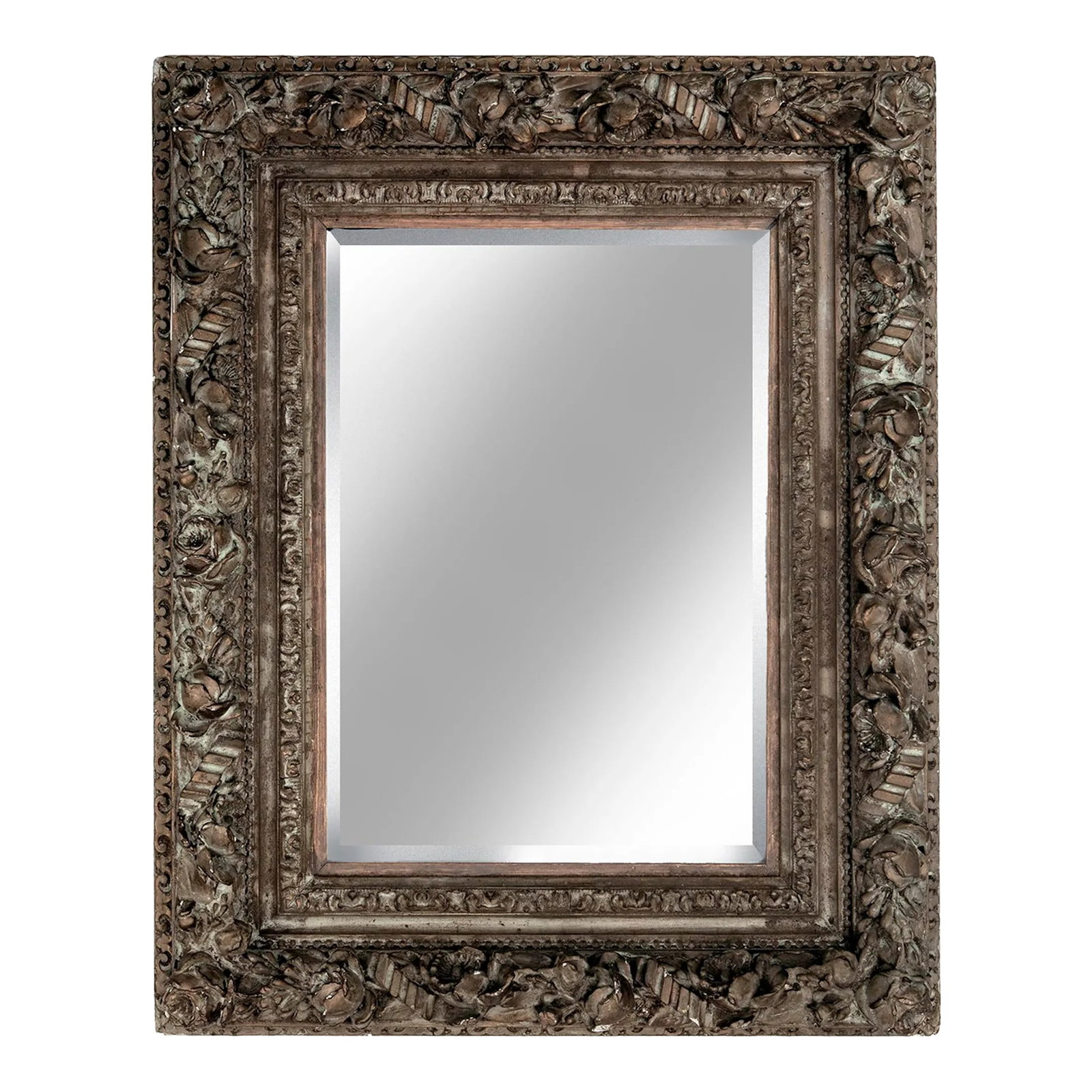 Late 19th Century Ornate Deep Framed Beveled Mirror With Roses, Blossoms & Buds: Floral framed beveled mirror with a gesso application over hardwood. New mirrored glass with a small bevel. Beautiful frame with elaborate deep floral motifs intertwined in tones of grey and gold. Con