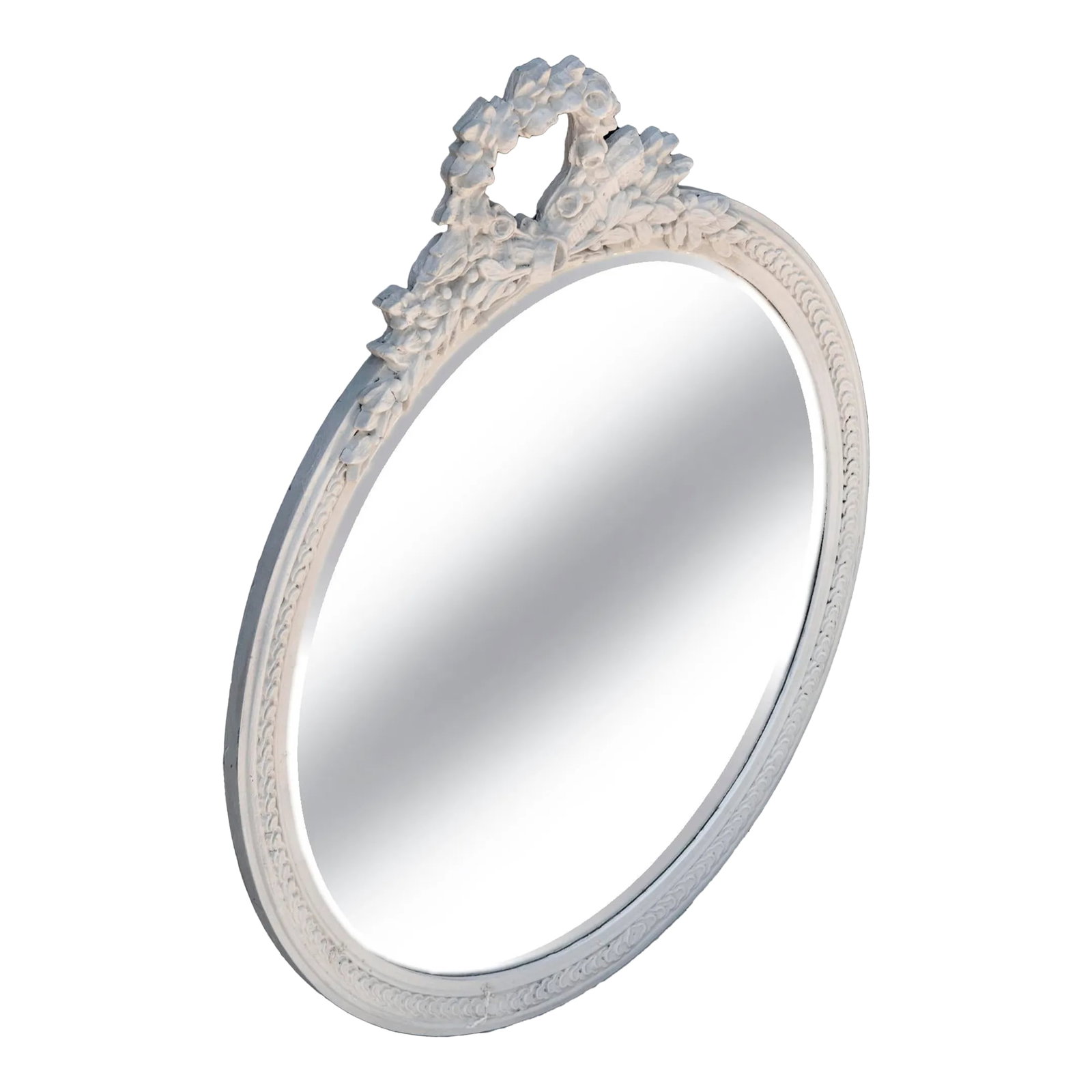 Mid 20th Century White Wooden Floral Beveled Mirror With Bow: Early 20th Century American Victorian hand-painted wood & gesso oval framed mirror. Original mirrored glass with interesting mottling. Condition: Alterations: Original Design Modified Imperfections: