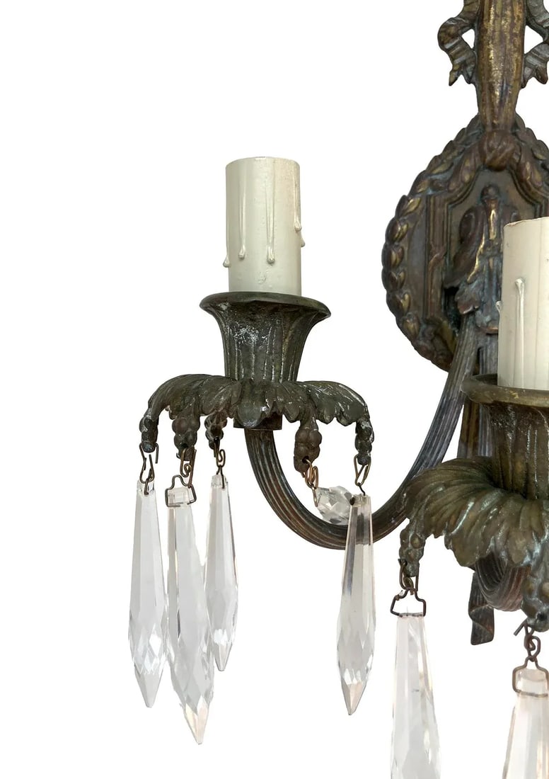 Mid 20th Century Louis XV Bronze Wall Sconces/Crystals; A Pair - 2