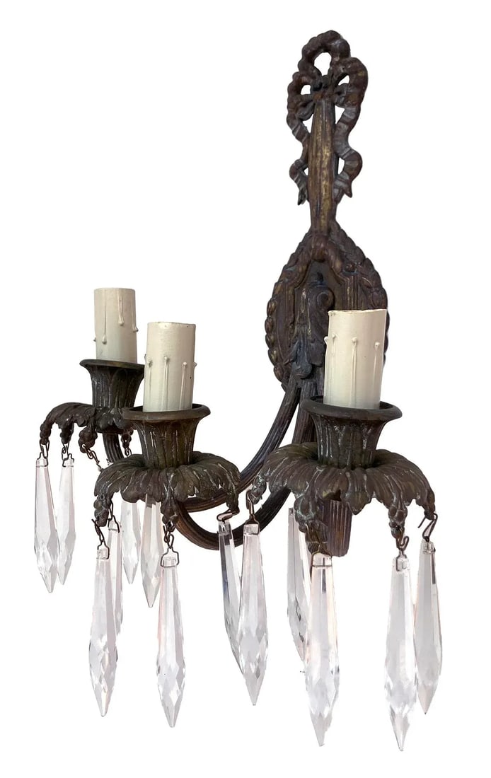 Mid 20th Century Louis XV Bronze Wall Sconces/Crystals; A Pair - 3