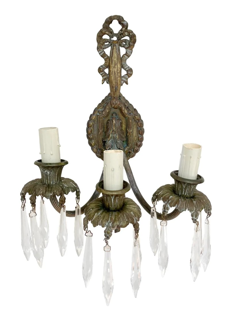 Mid 20th Century Louis XV Bronze Wall Sconces/Crystals; A Pair - 4