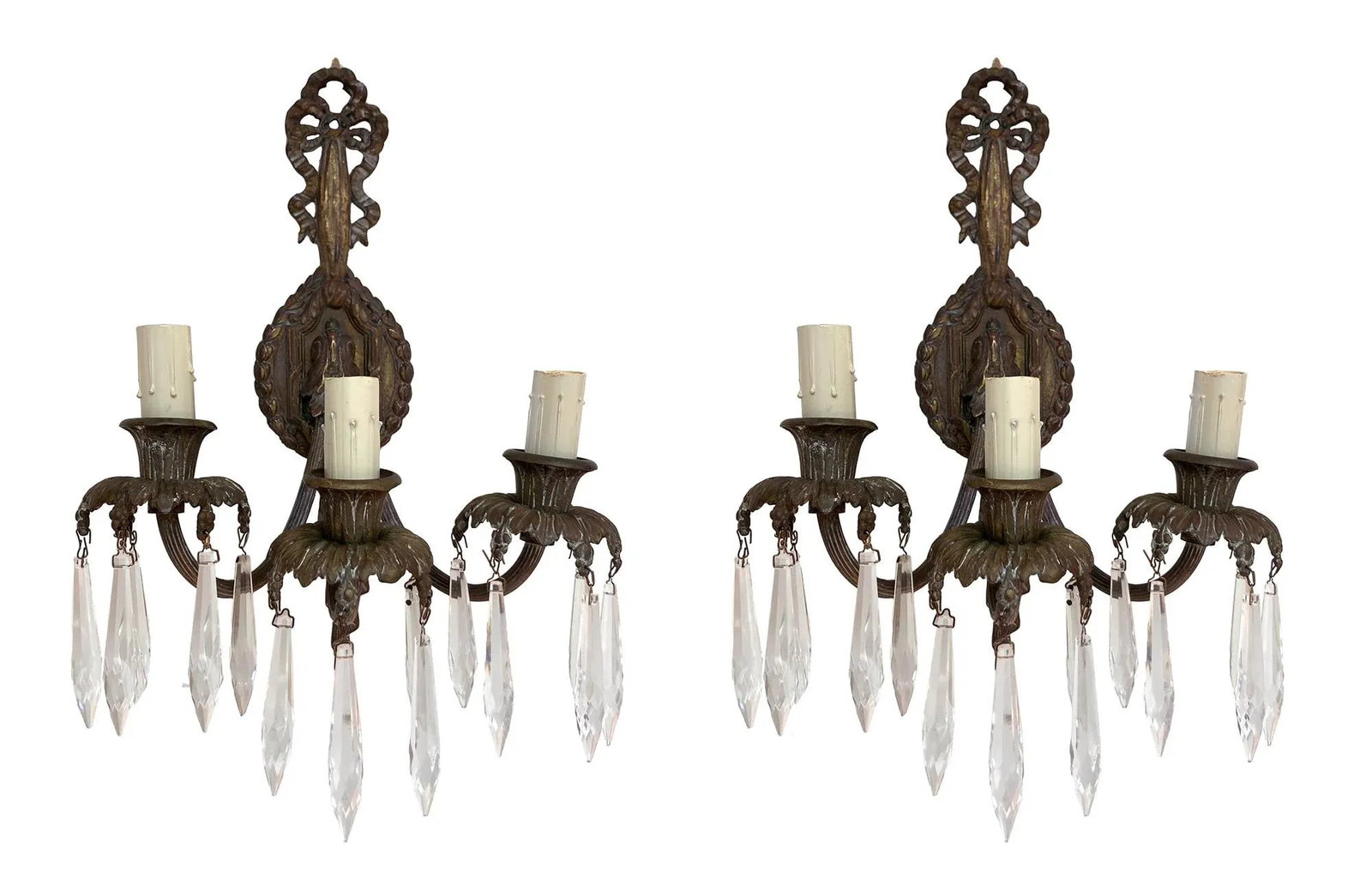 Mid 20th Century Louis XV Bronze Wall Sconces/Crystals; A Pair - 6