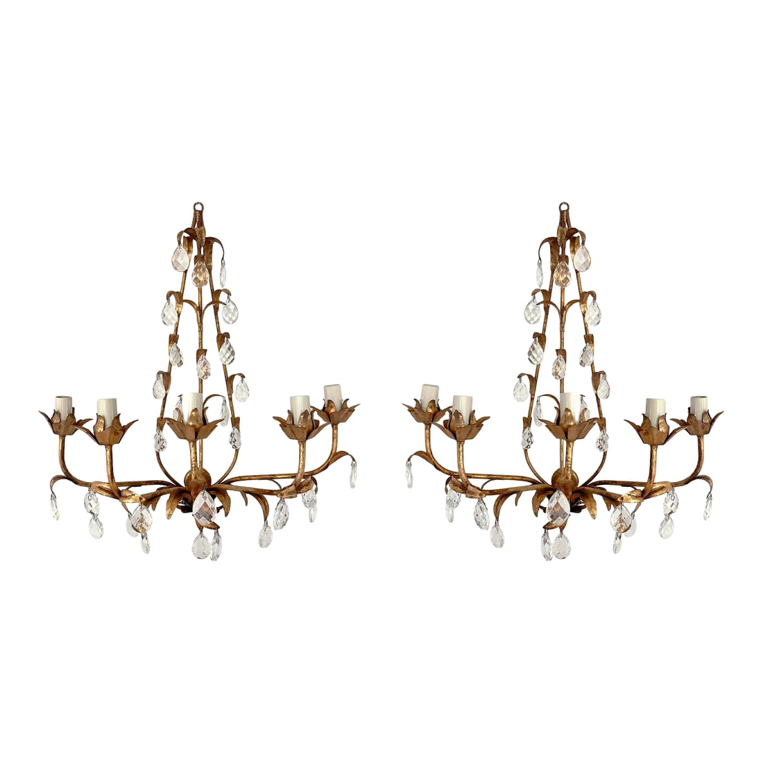 Mid 20th Century Italian Gilt Metal & Crystal Wall Sconces, Five Lights, A Pair (1 of 10)