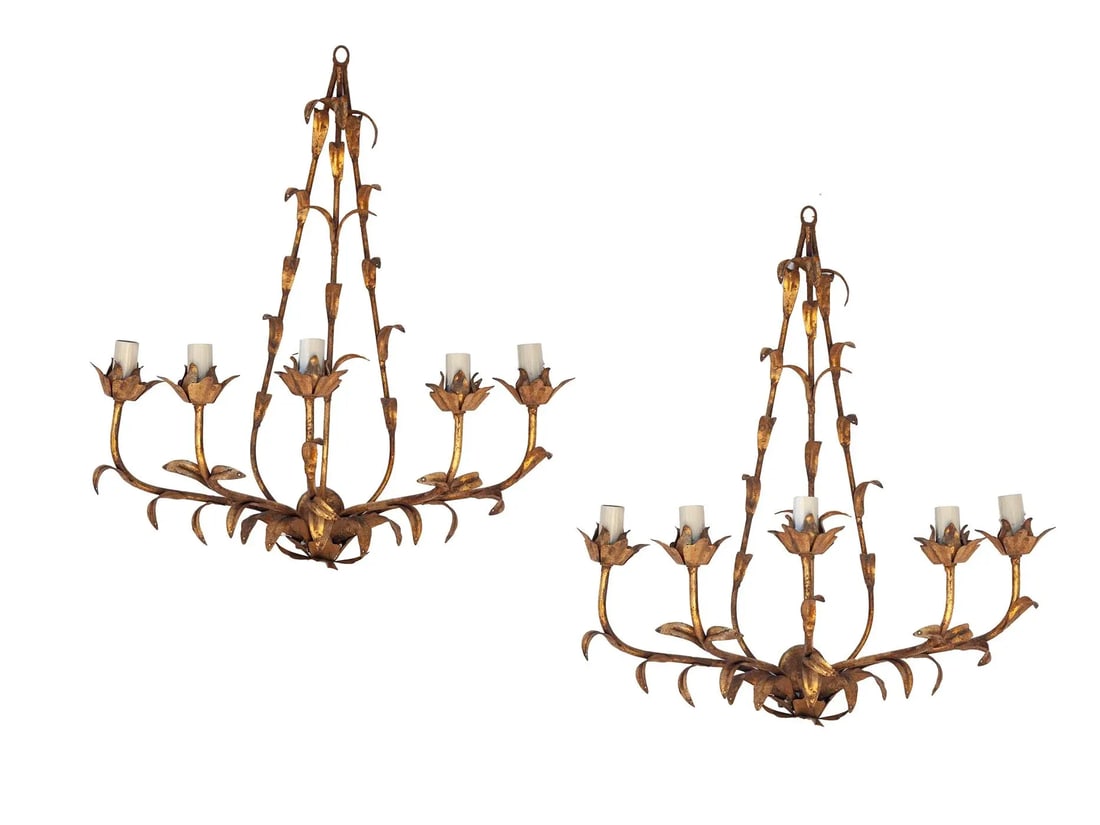 Mid 20th Century Italian Gilt Metal & Crystal Wall Sconces, Five Lights, A Pair - 3