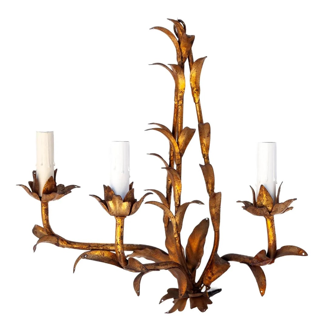 Mid 20th Century Italian Gilt Metal Wall Sconces /Three Lights - a Pair - 7