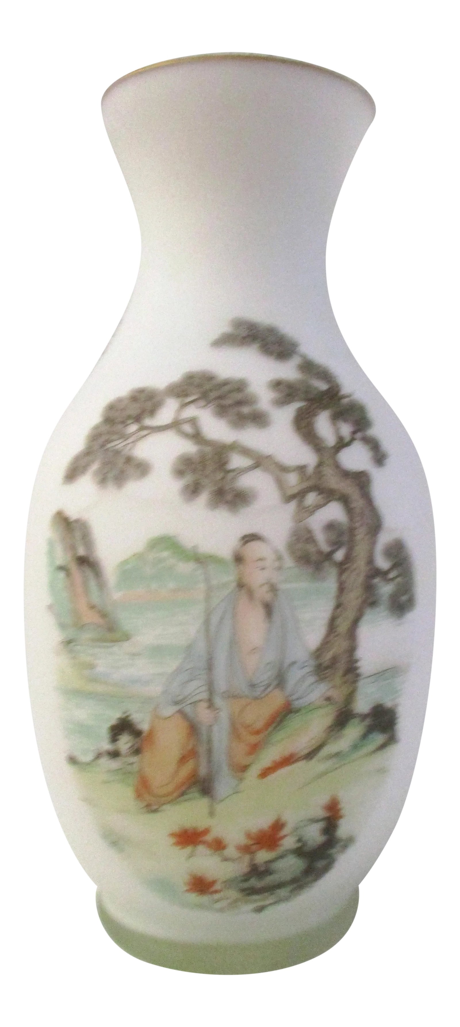 Norleans Asian Mid-Century Satin Glass Vase: Generous size Norleans mid-century white satin frosted glass vase featuring an Asian transferware motif in soft multicolor shades and gold rim. Made in Italy. Minor wear. Condition: Alterations: