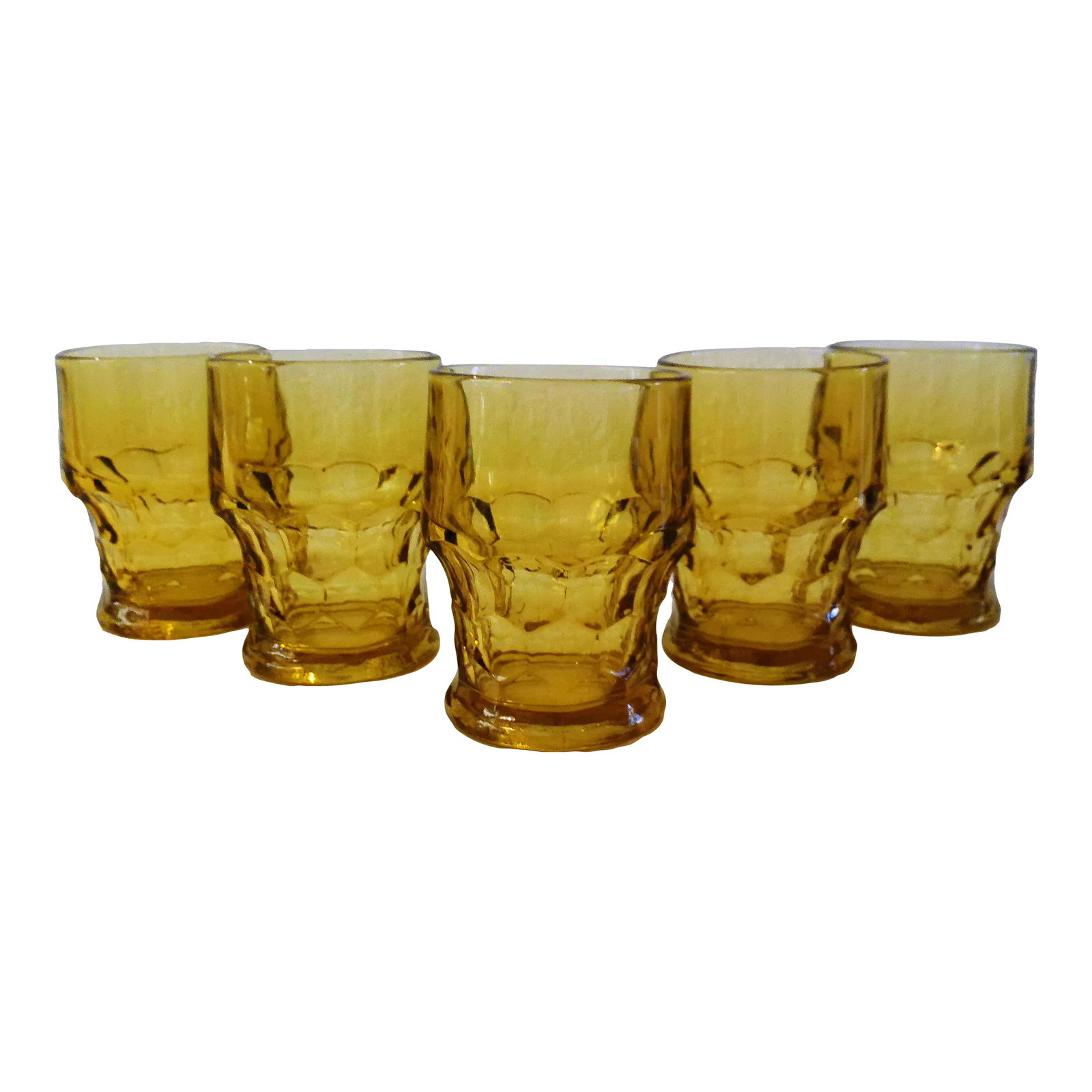 Midcentury Viking Moser Honey Shaded Tumblers, Set of 5: Stylish set of five mid-century clear honey-shaded thick glass tumblers/lowball glasses in Viking's "Georgian" pattern featuring a honeycomb design base. Glasses holds 8 ounces. Also perfect for