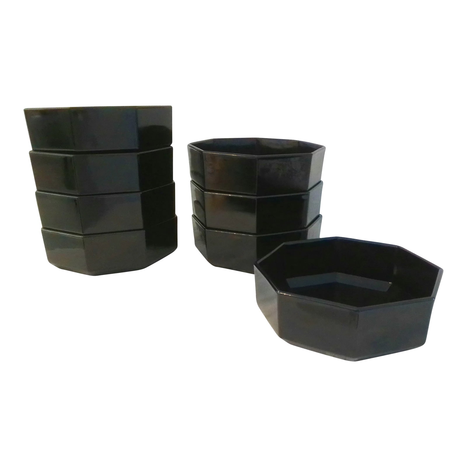 Vintage Modern Arcoroc France Black Octagon Bowls - Set of 8: Stylish set of eight vintage black Arcoroc France octagon shaped bowls. Perfect for serving salads, cereal or desserts. Marked underside "France." Condition: Alterations: Original Condition Unaltered