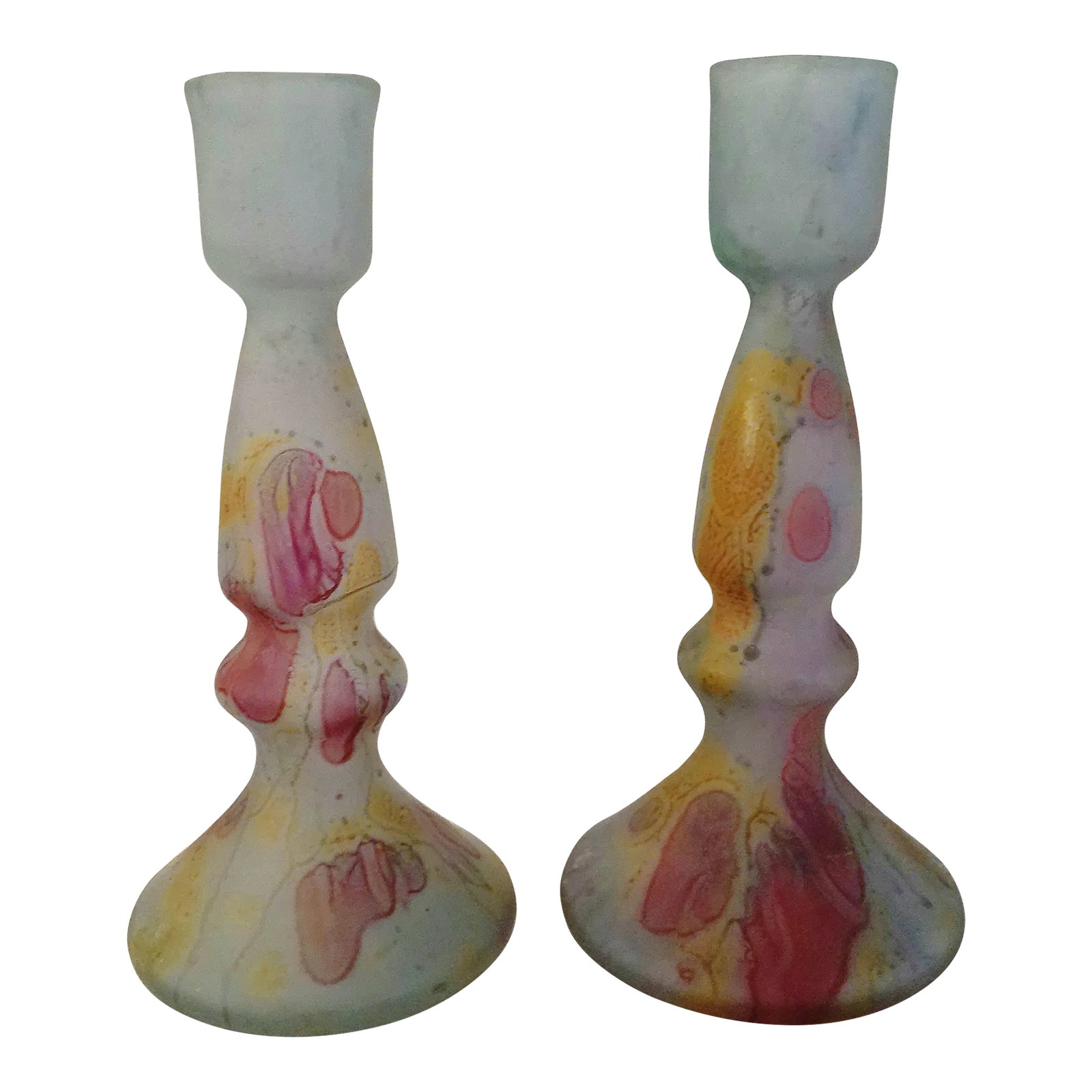 1980s Rueven Art Nouveau Art Glass Candle Holders, a Pair: Lovely vintage pair of Rueven Art Nouveau hand-painted art glass candle holders in pastel shades of lavender, pink and yellow. Each holds one taper candle. Condition: Alterations: Original Condition