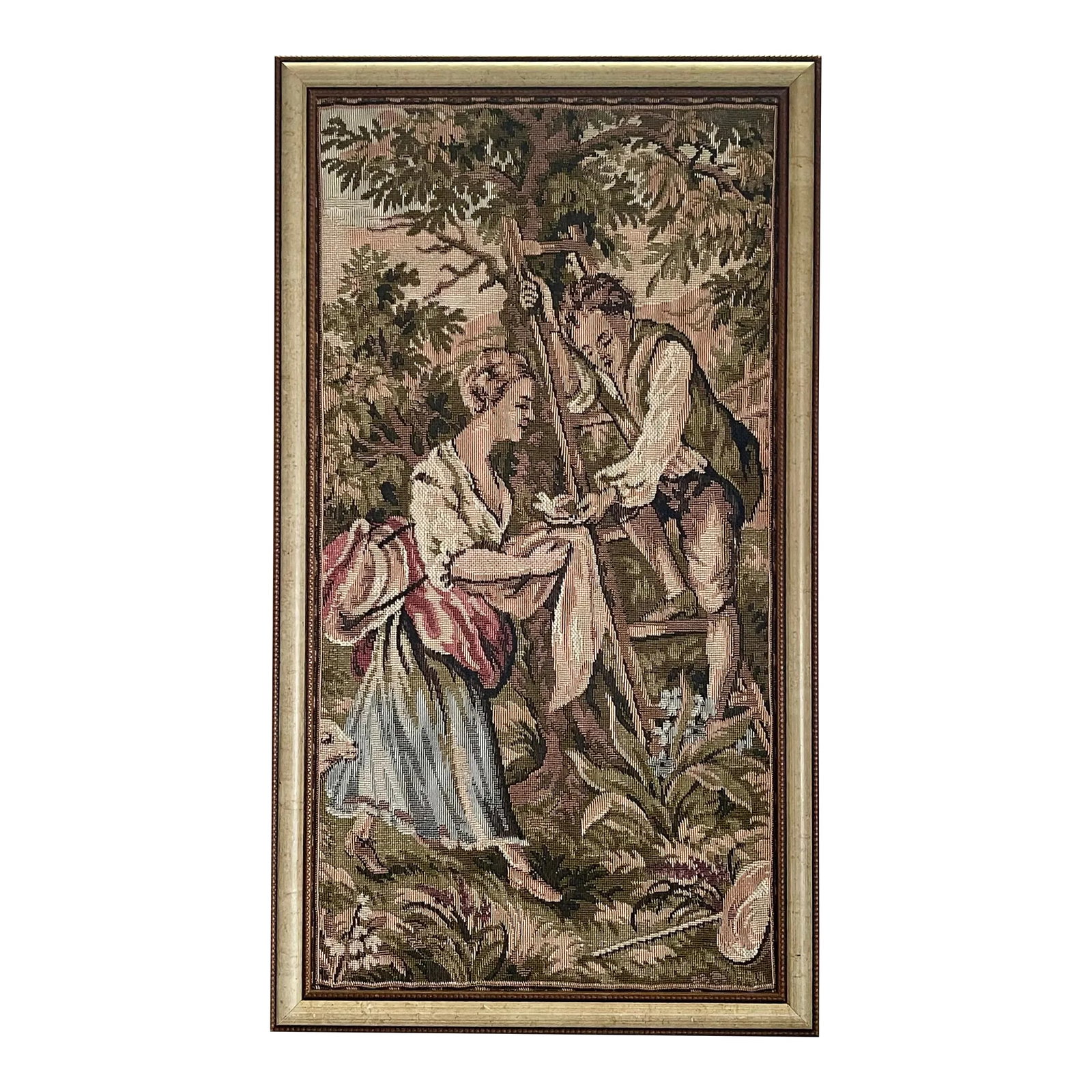 Mid 20th Century Vintage Victorian Style Framed Tapestry: A classically themed tapestry in a cream and wood tone frame depicting a charming rural scene in a muted palette. Ships within 1-2 days using USPS. All items packed with care. Please contact us with