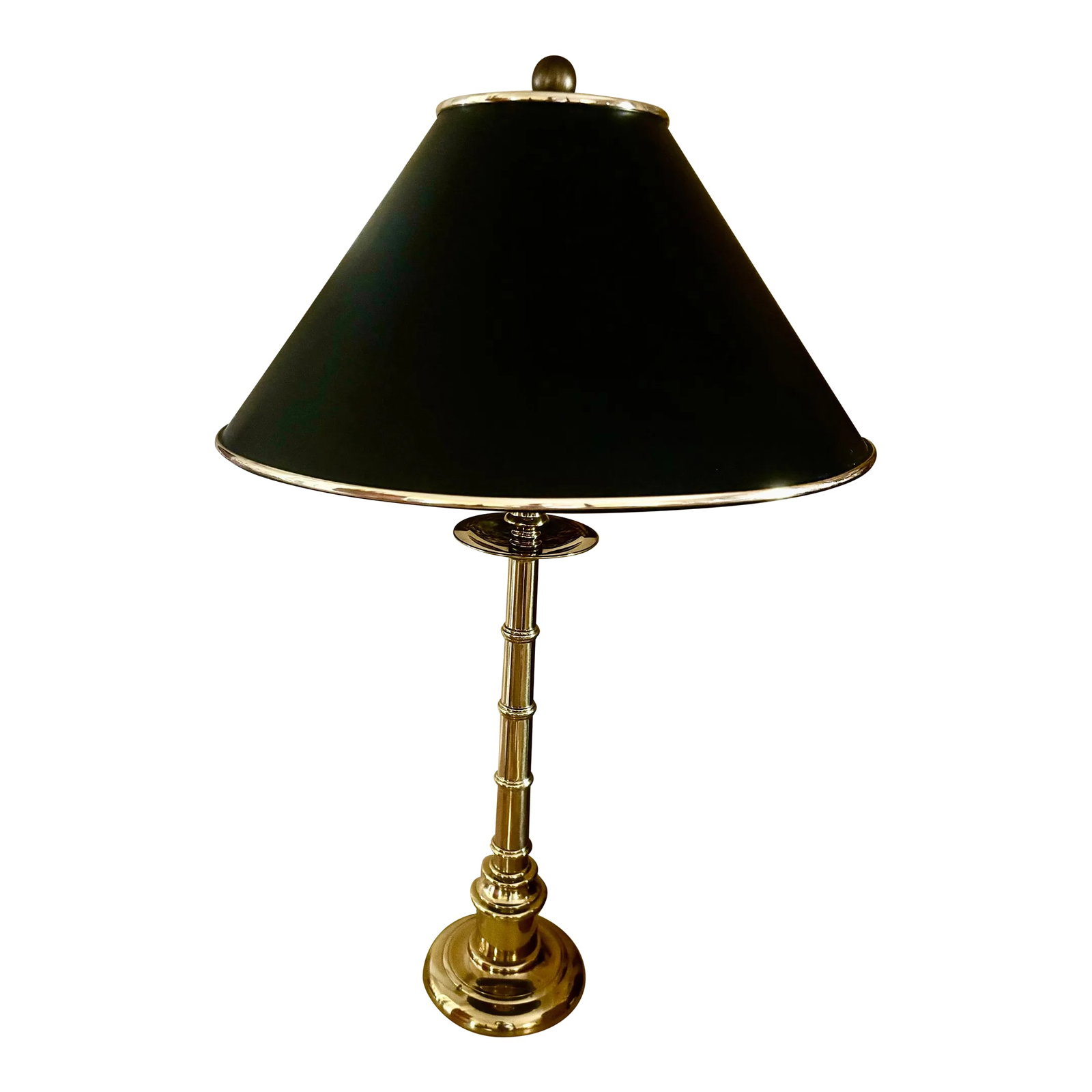 Vintage Hollywood Regency Faux Bamboo Polished Brass Table Lamp With Black Tole Shade | Stiffel Styl: Bring timeless elegance to your interior with this substantial vintage polished brass faux bamboo table lamp. Inspired by the iconic lighting designs of Stiffel and the refined sophistication of