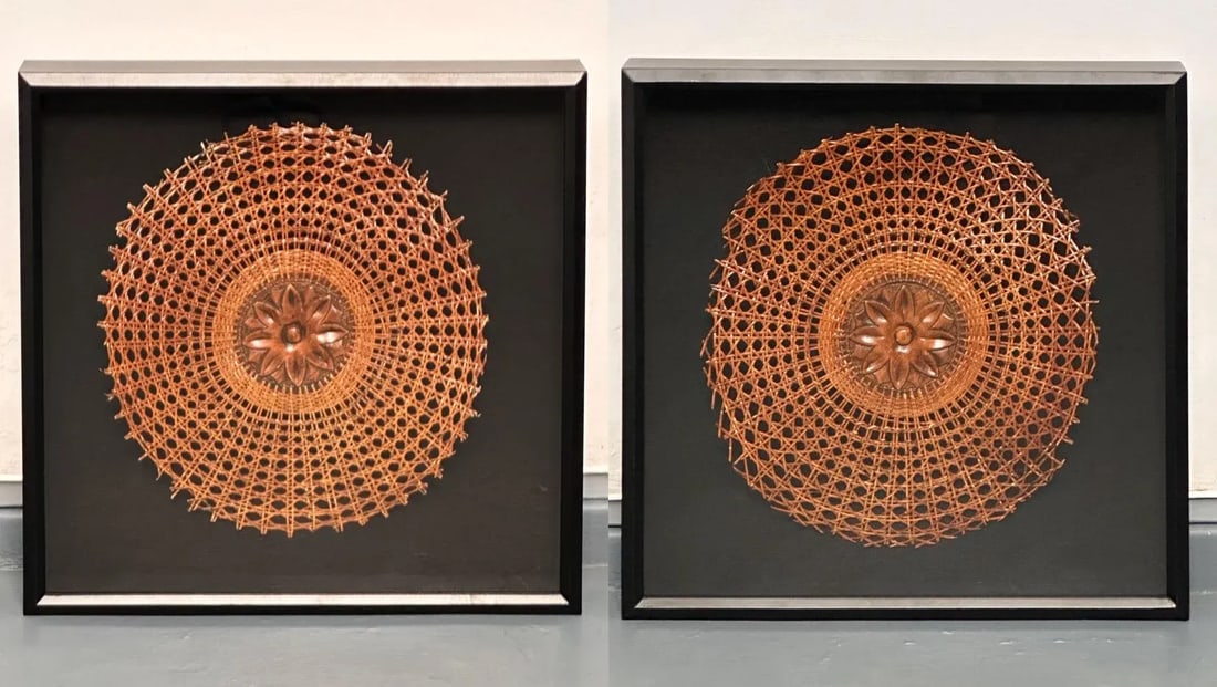 Pair of 1940s Hand Carved Wooden Flowers Surrounded by Wicker, Mounted in Black Shadow Boxes - 9