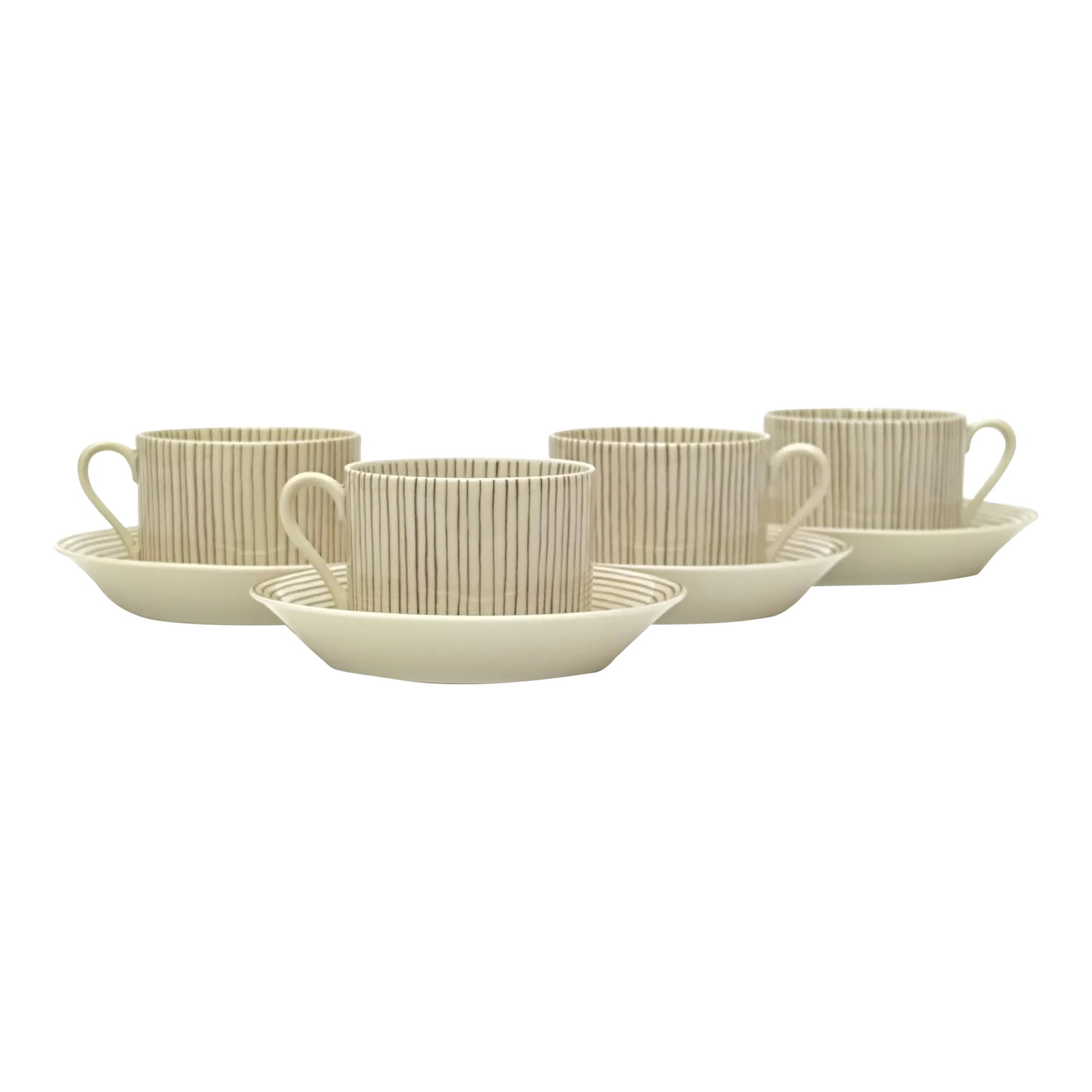 Classic Pin-Striped Porcelain Cups and Saucers by Fitz & Floyd - 8 Pieces: Off-white and brown striped coffee set, group of 4. A minimalist set of mid-century off white and brown striped ceramic cups and saucers from the "Les Bands" collection by Fitz and Floyd. Inc. Cup Hei