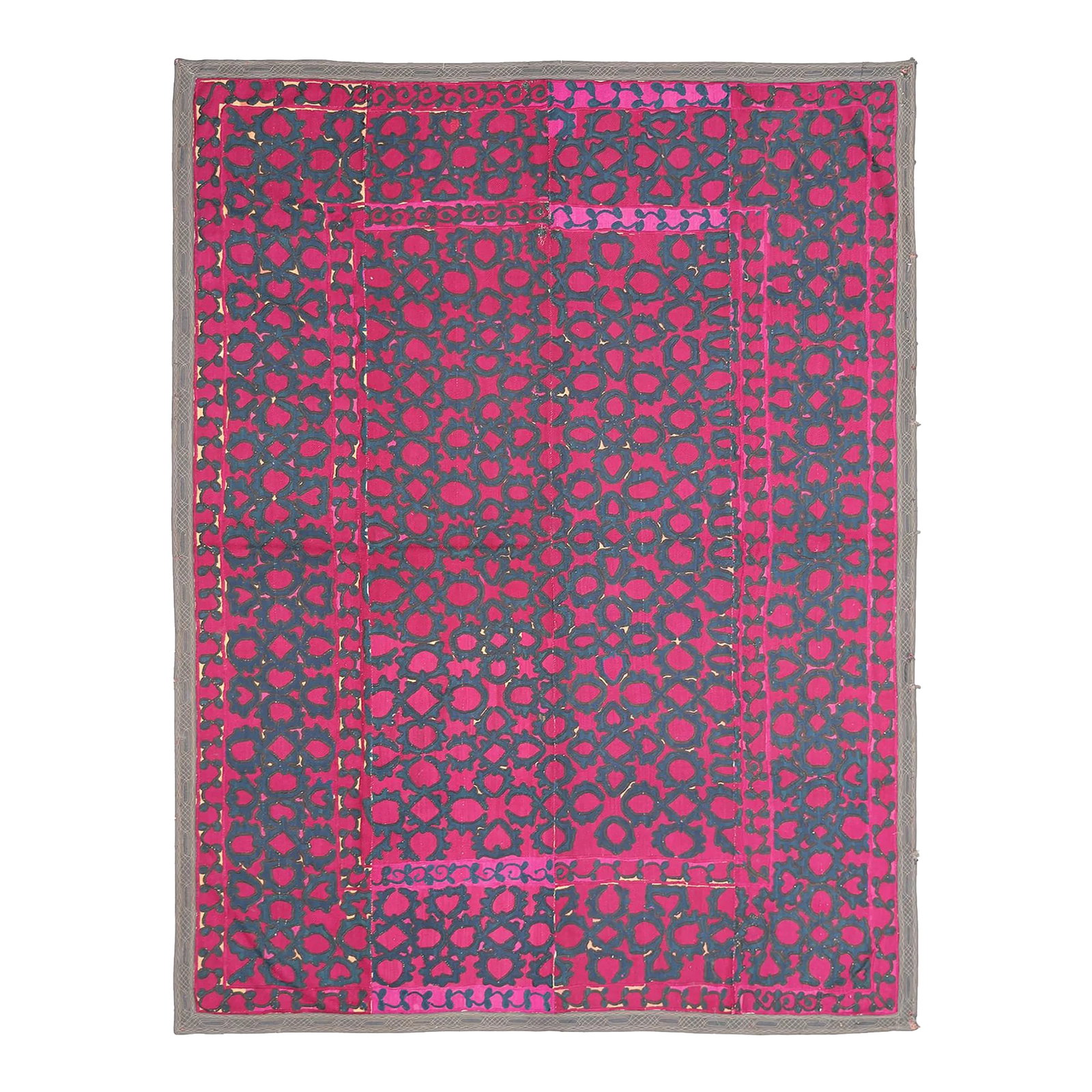 Antique Khordjand Suzani Silk Tapestry | Textile Wall Decore: The design of the Khodjand suzani is a blend of East Turkestan (now Xinjiang, China) and Tashkent influences. From a distance, the suzani's pattern resembles that of the renowned Khotan pomegranate