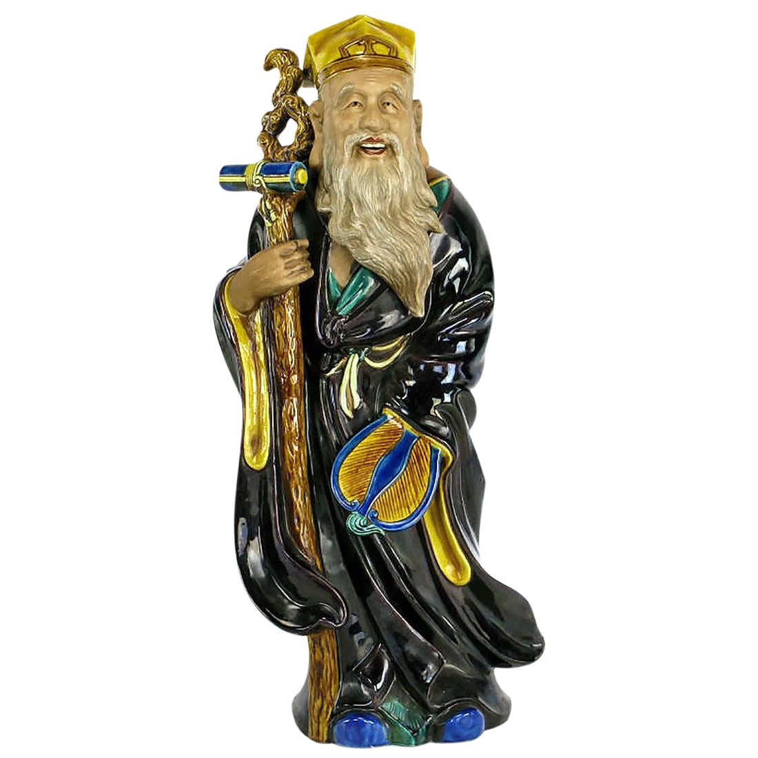 Large Early 20th Century Porcelain of Chinese Religious Figure, Zhongli Quan: This figurine is of one of the Eight Daoist (Taoist) Immortals - "Ba xian." The eight immortals are a group of legendary, semi-historical beings in both religious Daoism and popular religion. They are