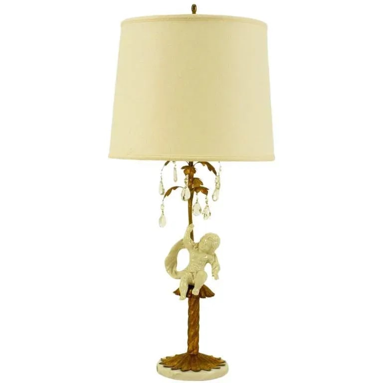 Italian Neoclassical Gilt Tole Metal, Crystal & Putto Table Lamp - 10
