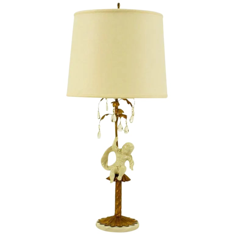 Italian Neoclassical Gilt Tole Metal, Crystal & Putto Table Lamp (1 of 10)