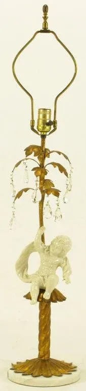 Italian Neoclassical Gilt Tole Metal, Crystal & Putto Table Lamp - 2
