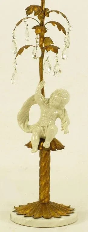 Italian Neoclassical Gilt Tole Metal, Crystal & Putto Table Lamp - 3