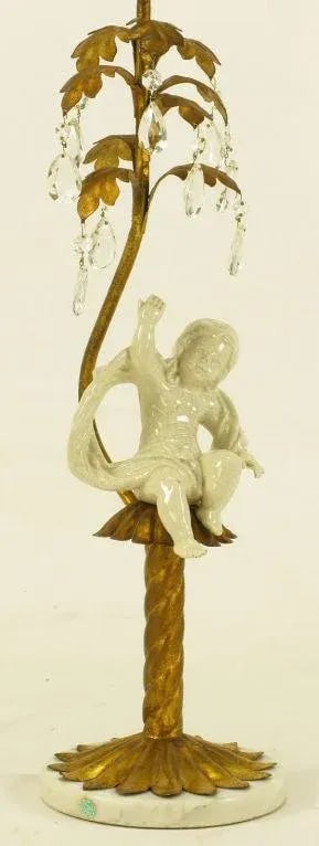 Italian Neoclassical Gilt Tole Metal, Crystal & Putto Table Lamp - 4