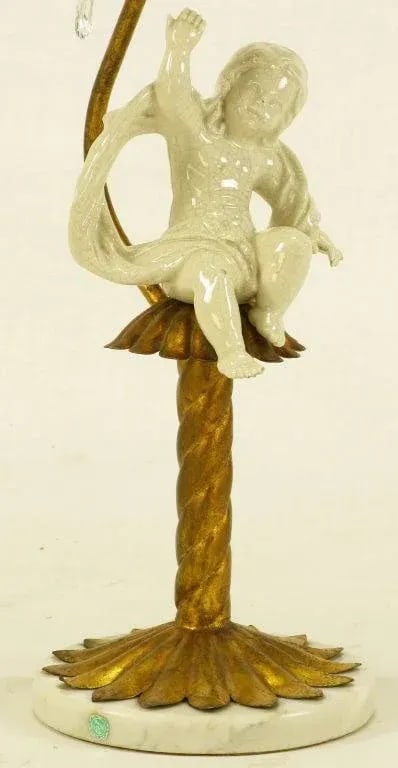 Italian Neoclassical Gilt Tole Metal, Crystal & Putto Table Lamp - 5