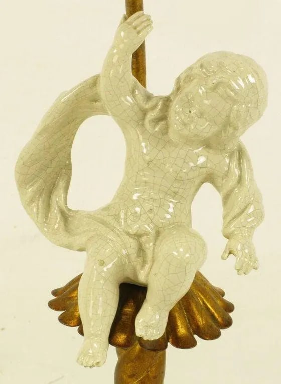 Italian Neoclassical Gilt Tole Metal, Crystal & Putto Table Lamp - 6