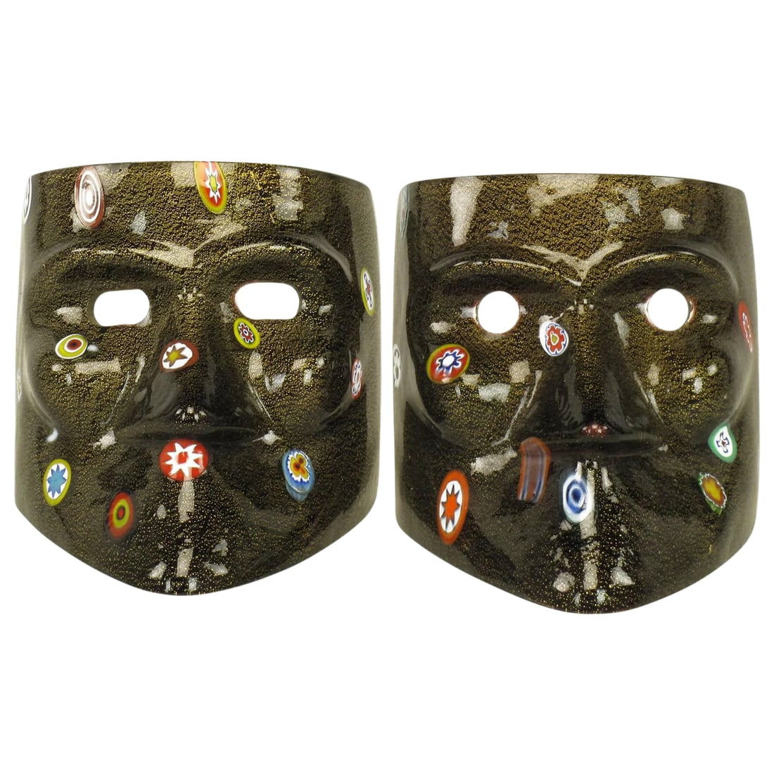 Handblown Gold Flecked and Fused Black Murano Glass Folk Arte Masks: Pair of Murano glass carnivale masks. Handblown and molded gold flecked black cased glass with infused colorful circular details. Condition: Alterations: Original Condition Unaltered Imperfections: