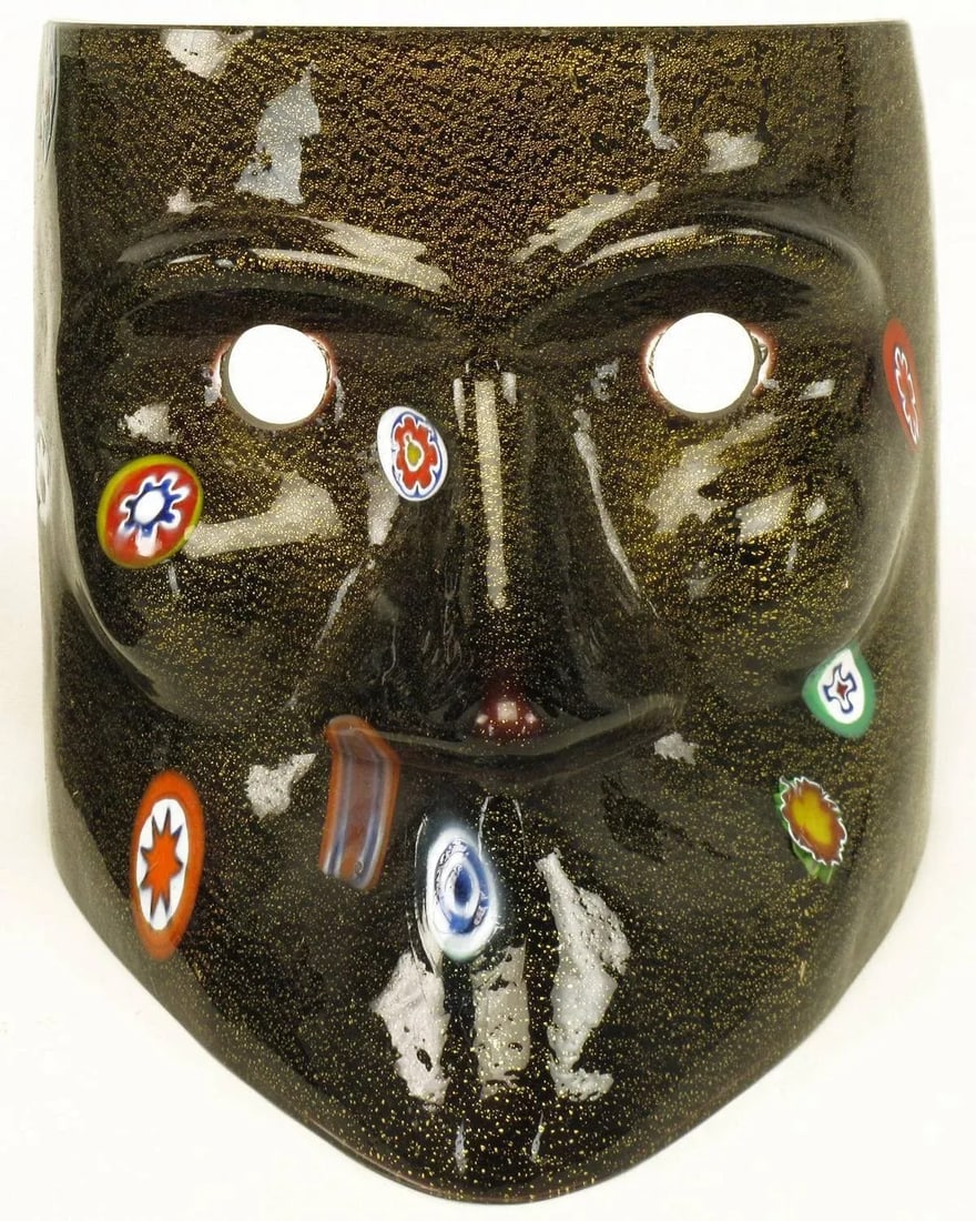 Handblown Gold Flecked and Fused Black Murano Glass Folk Arte Masks - 2