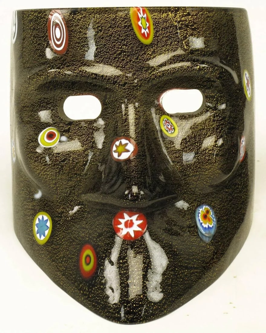 Handblown Gold Flecked and Fused Black Murano Glass Folk Arte Masks - 3